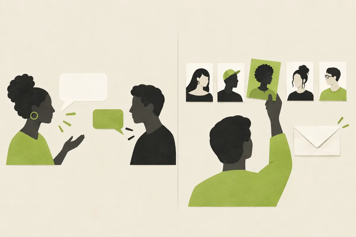 An inbound conversation flow alongside a reviewed list used for first-contact outreach