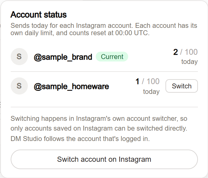 PRO account status with current account, separate daily counts and caps, and switching actions