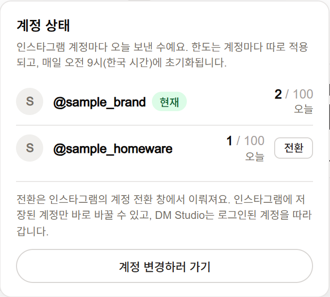 현재 계정, 계정별 발송량과 상한, 전환 버튼이 있는 PRO 계정 상태 화면