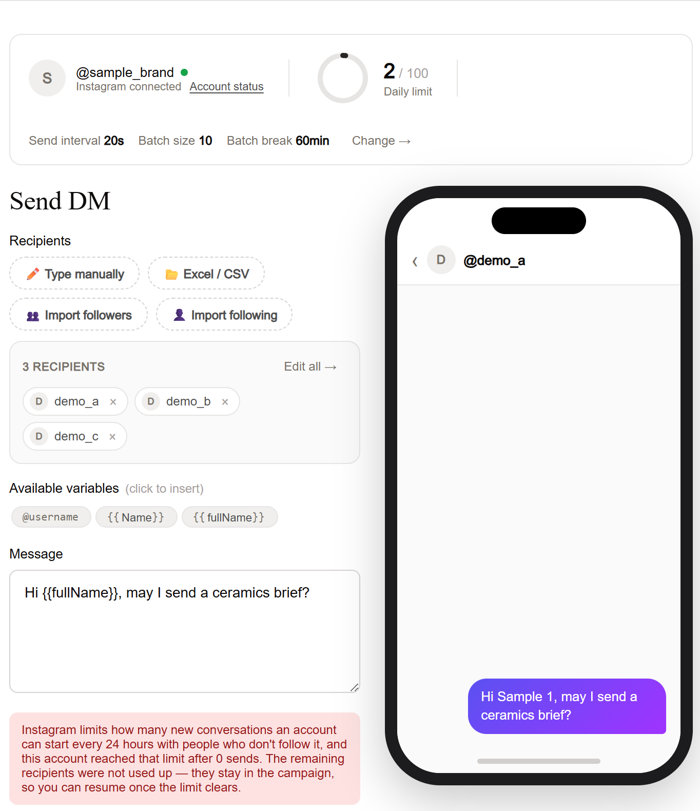 DM Studio new-conversation restriction banner in a simulated stopped campaign