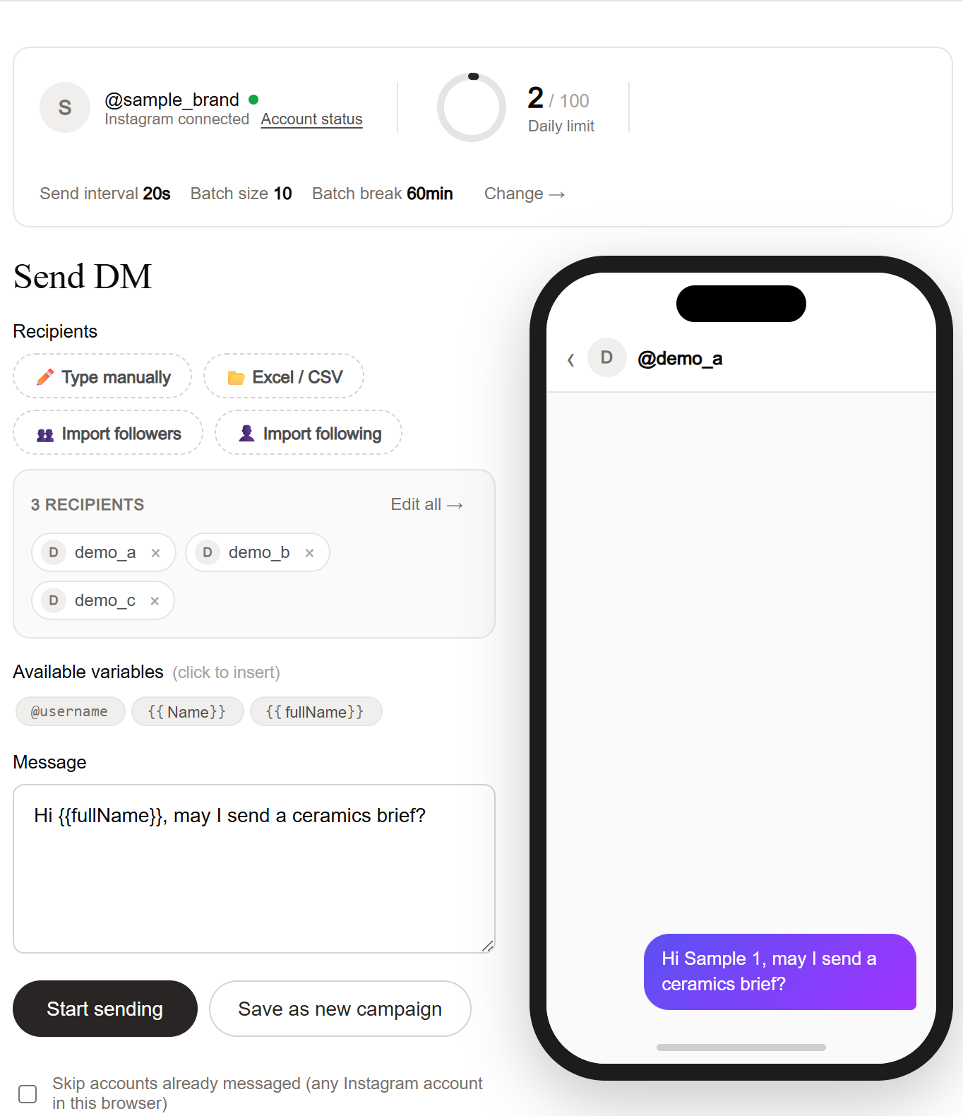 DM Studio message preparation and phone preview with fictional recipients