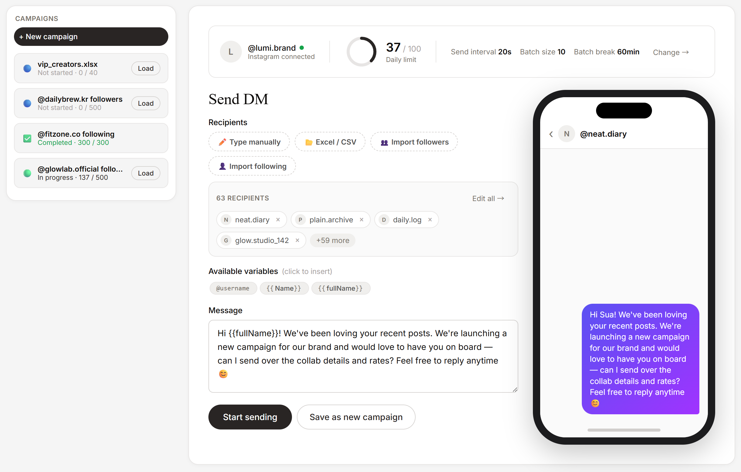 DM Studio send screen — campaign list, recipients, and personalized message preview