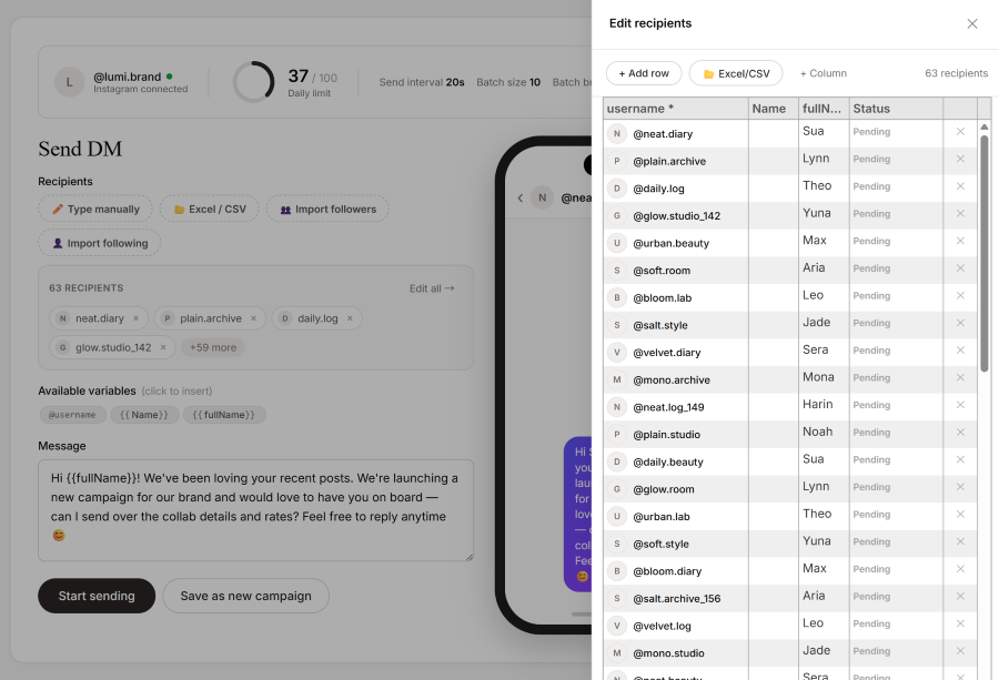 DM Studio audience sourcing — followers collected into the recipient grid